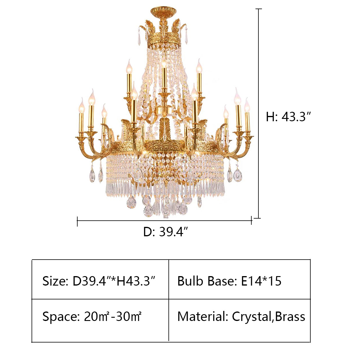 2 layers: D39.4*H43.3" Large Oversized Luxury Golden Metal Brass Candle Crystal Tassel Chandelier For High-ceiling Staircase/Entryway/Hallway/Living/Meeting Room