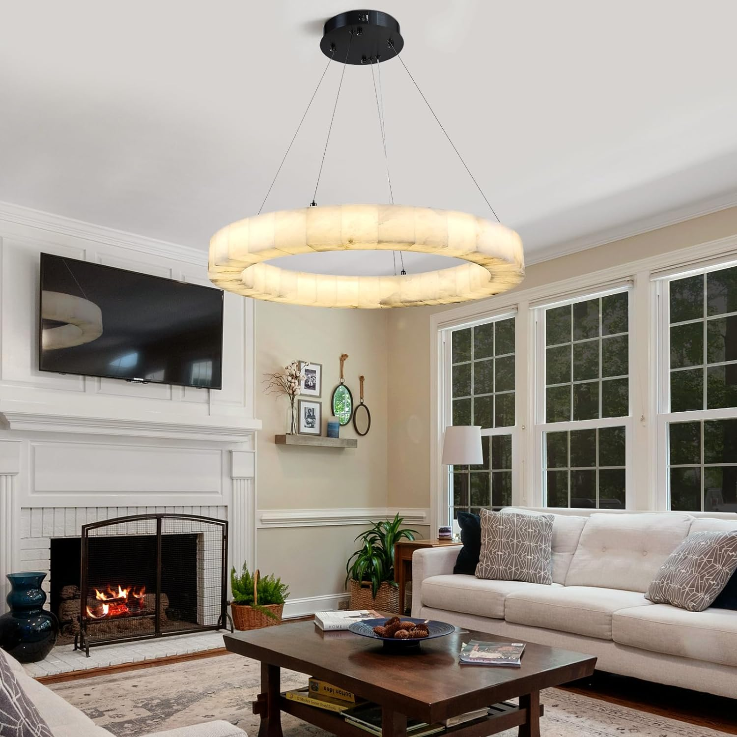Maurice Modern Alabaster Halo Round Chandelier 31" 40" 60"