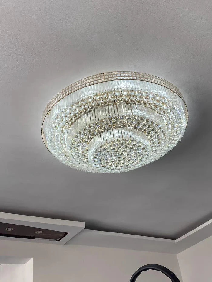 Extra Large Three Layers Round Luxury Flush Mounted Crystal Chandelier for Living Room