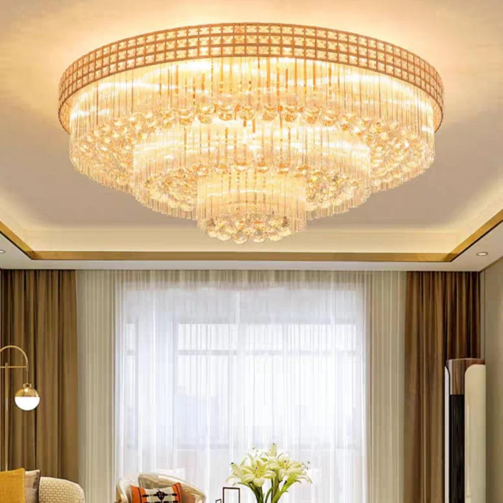 Extra Large Three Layers Round Luxury Flush Mounted Crystal Chandelier for Living Room