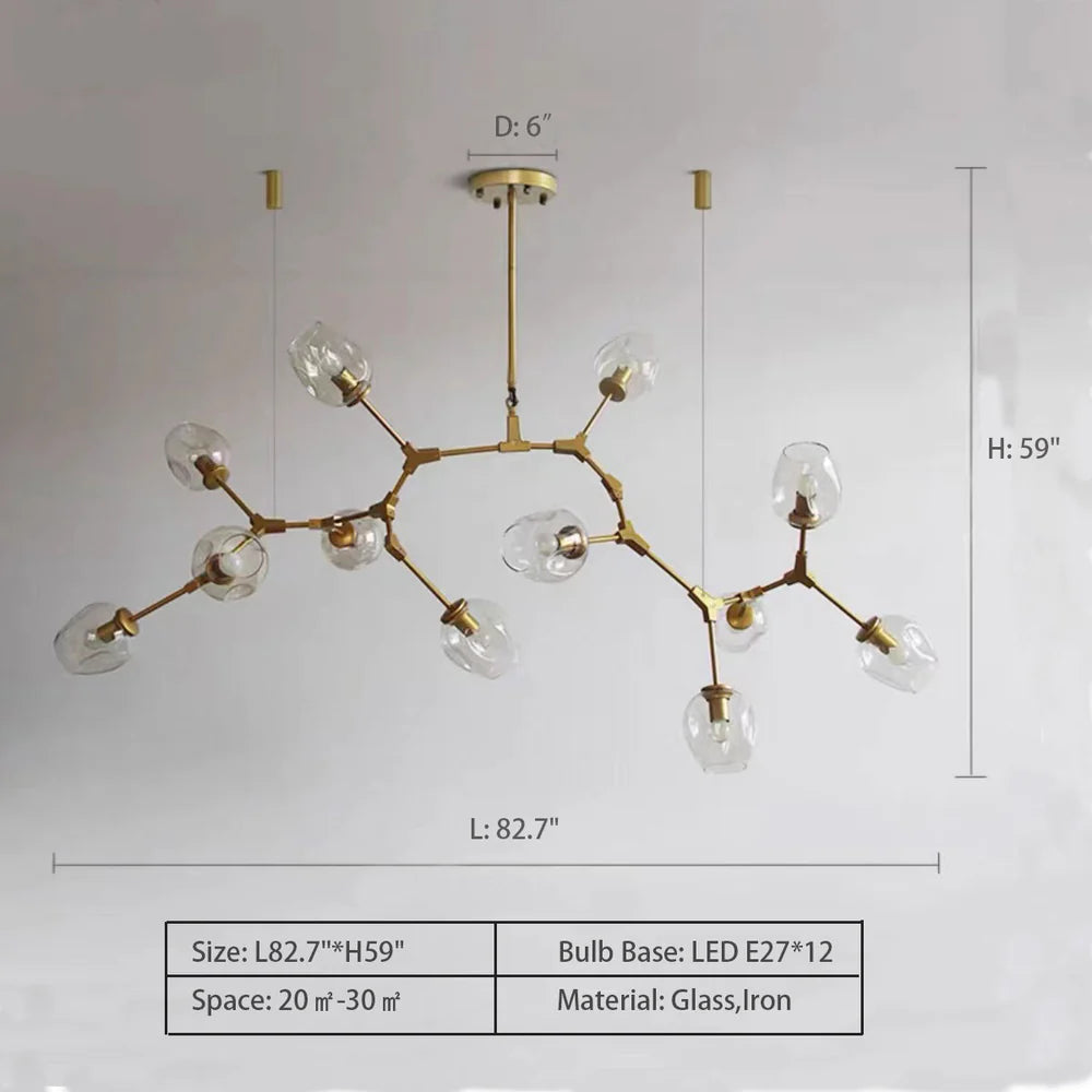 Modern Industrial Branch Chandelier with Multiple Glass Pendants Extra Large for Living or Dining Room