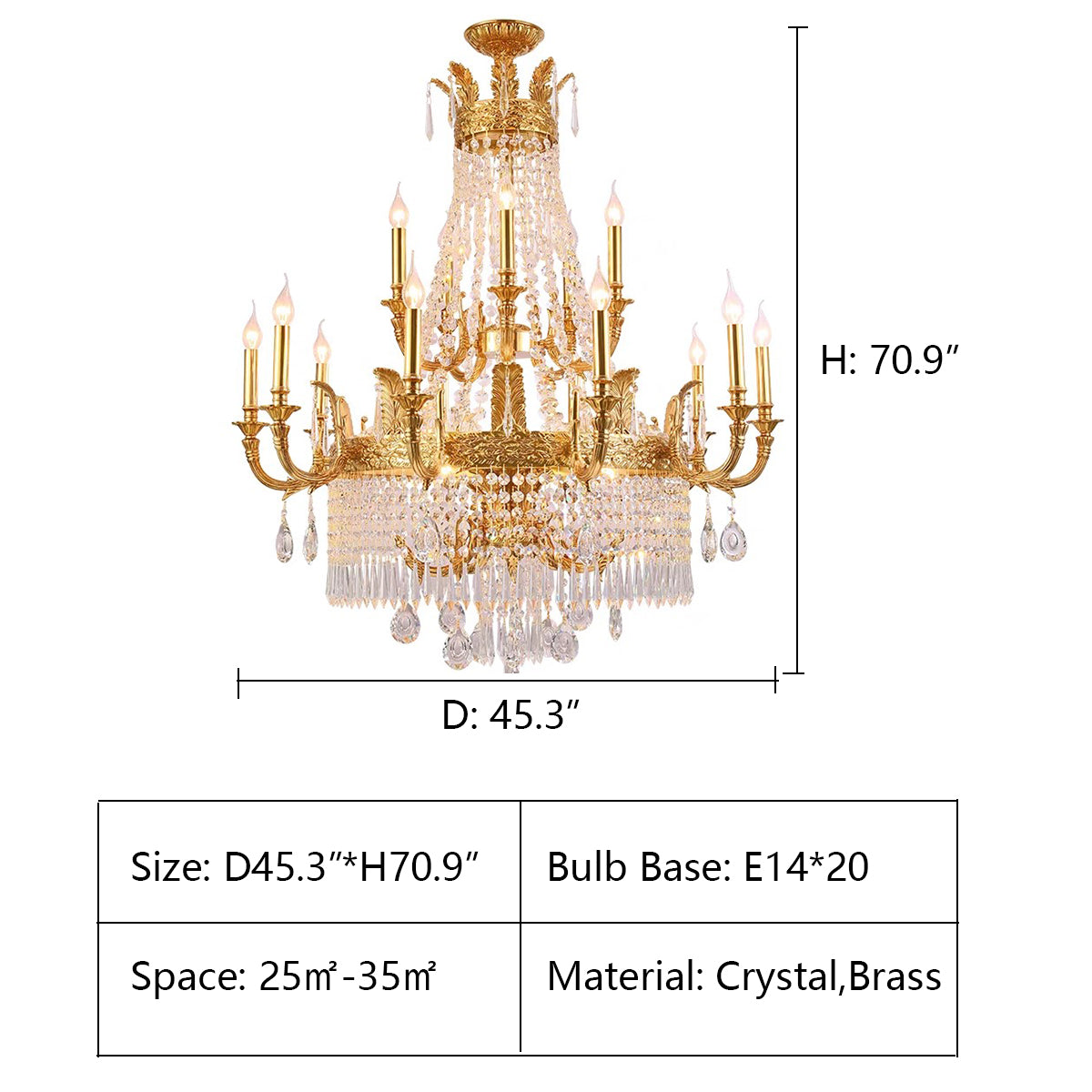 3 layers: D45.3*H70.9" Large Oversized Luxury Golden Metal Brass Candle Crystal Tassel Chandelier For High-ceiling Staircase/Entryway/Hallway/Living/Meeting Room