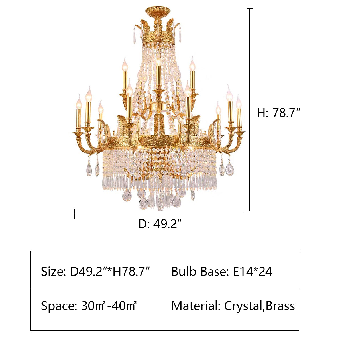 3 layers: D49.2*H78.7" Large Oversized Luxury Golden Metal Brass Candle Crystal Tassel Chandelier For High-ceiling Staircase/Entryway/Hallway/Living/Meeting Room