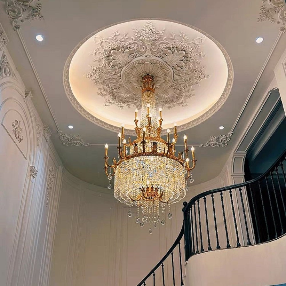 Large Oversized Luxury Golden Metal Brass Candle Crystal Tassel Chandelier For High-ceiling Staircase/Entryway/Hallway/Living/Meeting Room