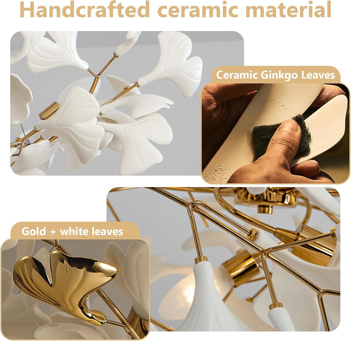 Gold Ceramic Ginkgo Leaf Tree Branch Chandelier – 40" Round Luxury Fixture