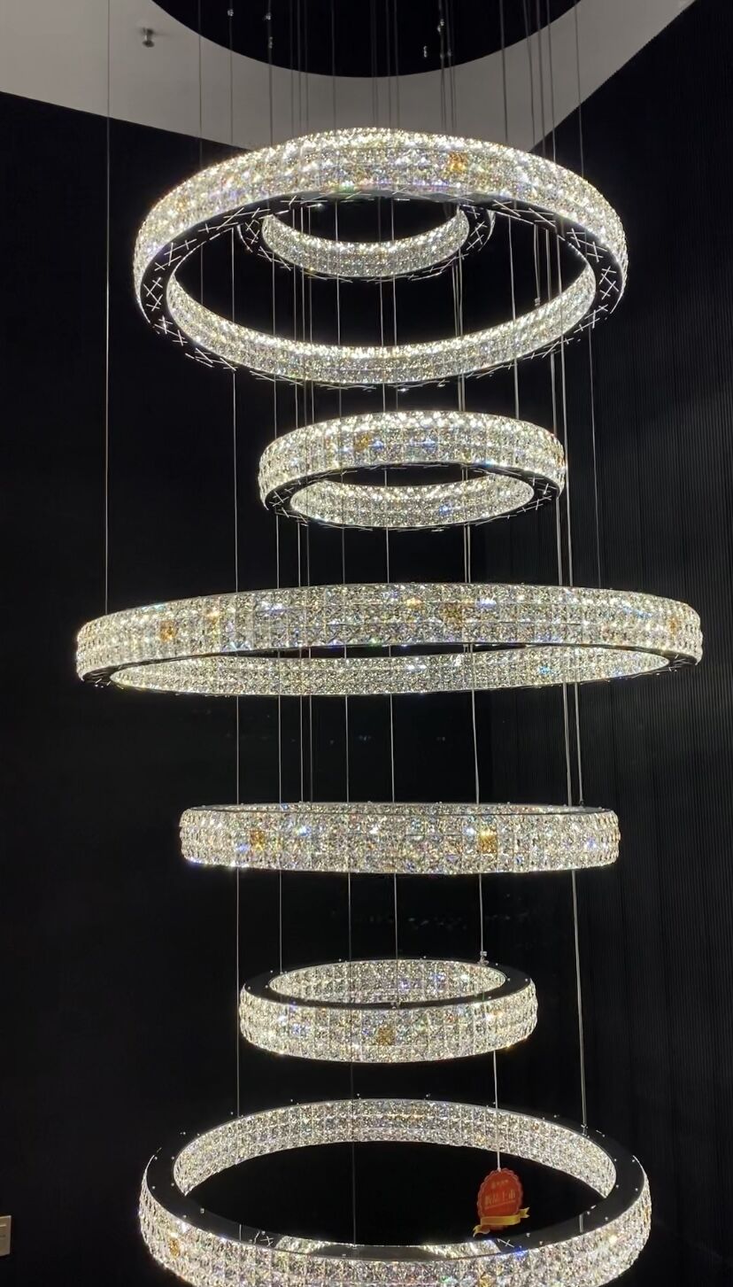 New Modern Light Luxury Oversized Multi-tiered Rings Crystal Chandelier for Staircase/Duplex/High-ceiling Space, long, luxury, noble, chrome, shining