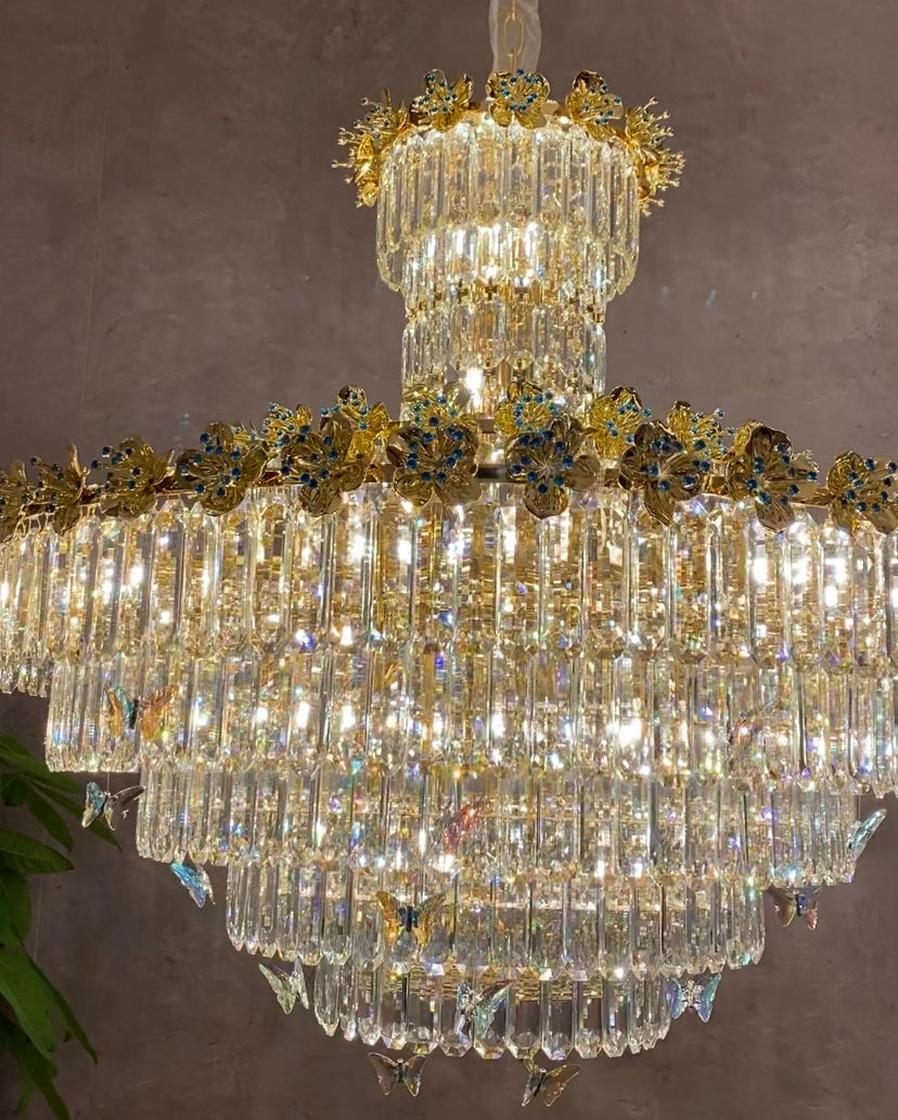 Modern Light Luxury Multi-tiered Round Ctystal Chandelier for Living Room/Staircase/Foyer, gold finish, butterfly ,flower