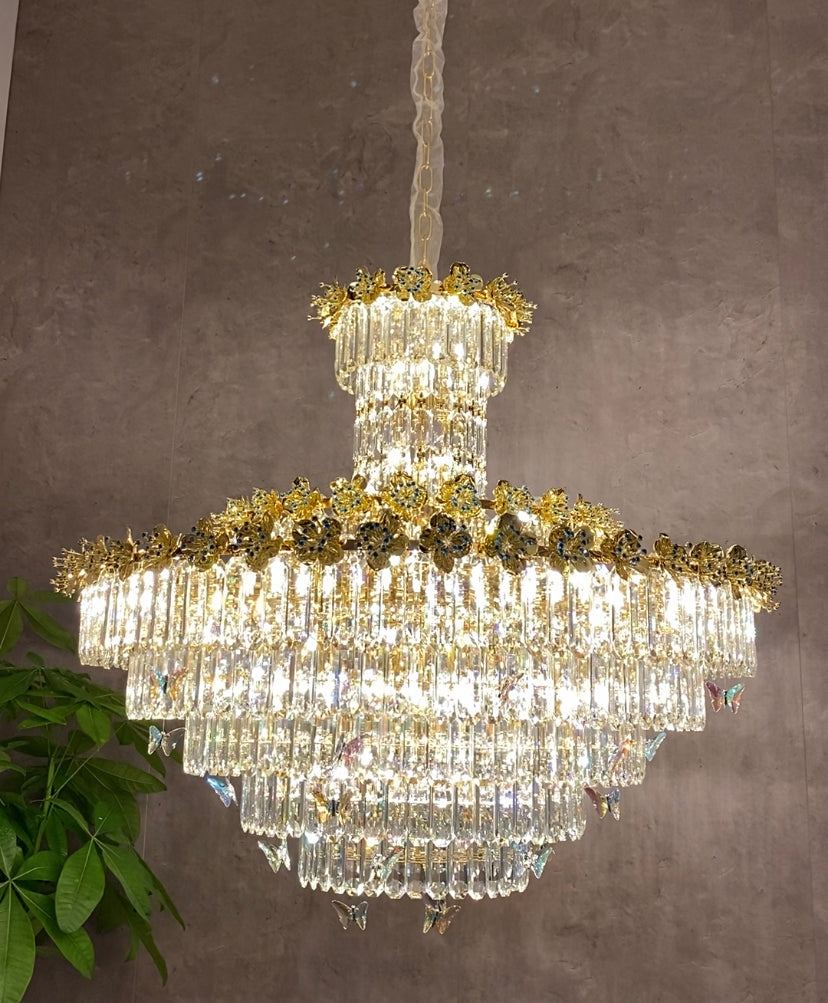 Modern Light Luxury Multi-tiered Round Ctystal Chandelier for Living Room/Staircase/Foyer, gold finish, butterfly ,flower