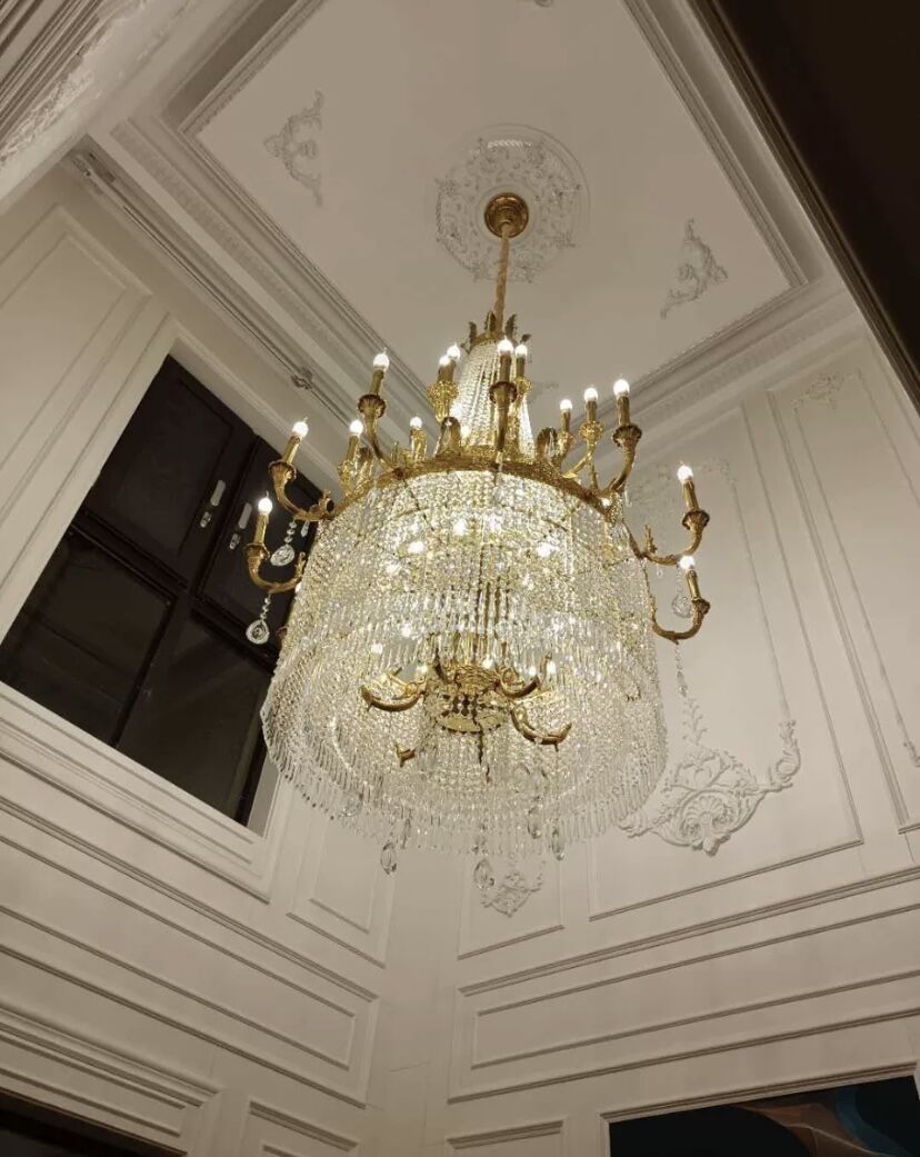 Large Oversized Luxury Golden Metal Brass Candle Crystal Tassel Chandelier For High-ceiling Staircase/Entryway/Hallway/Living/Meeting Room