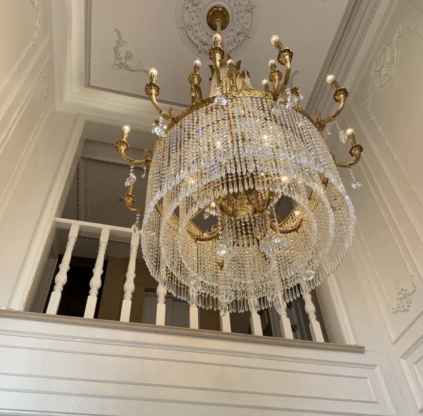 Large Oversized Luxury Golden Metal Brass Candle Crystal Tassel Chandelier For High-ceiling Staircase/Entryway/Hallway/Living/Meeting Room