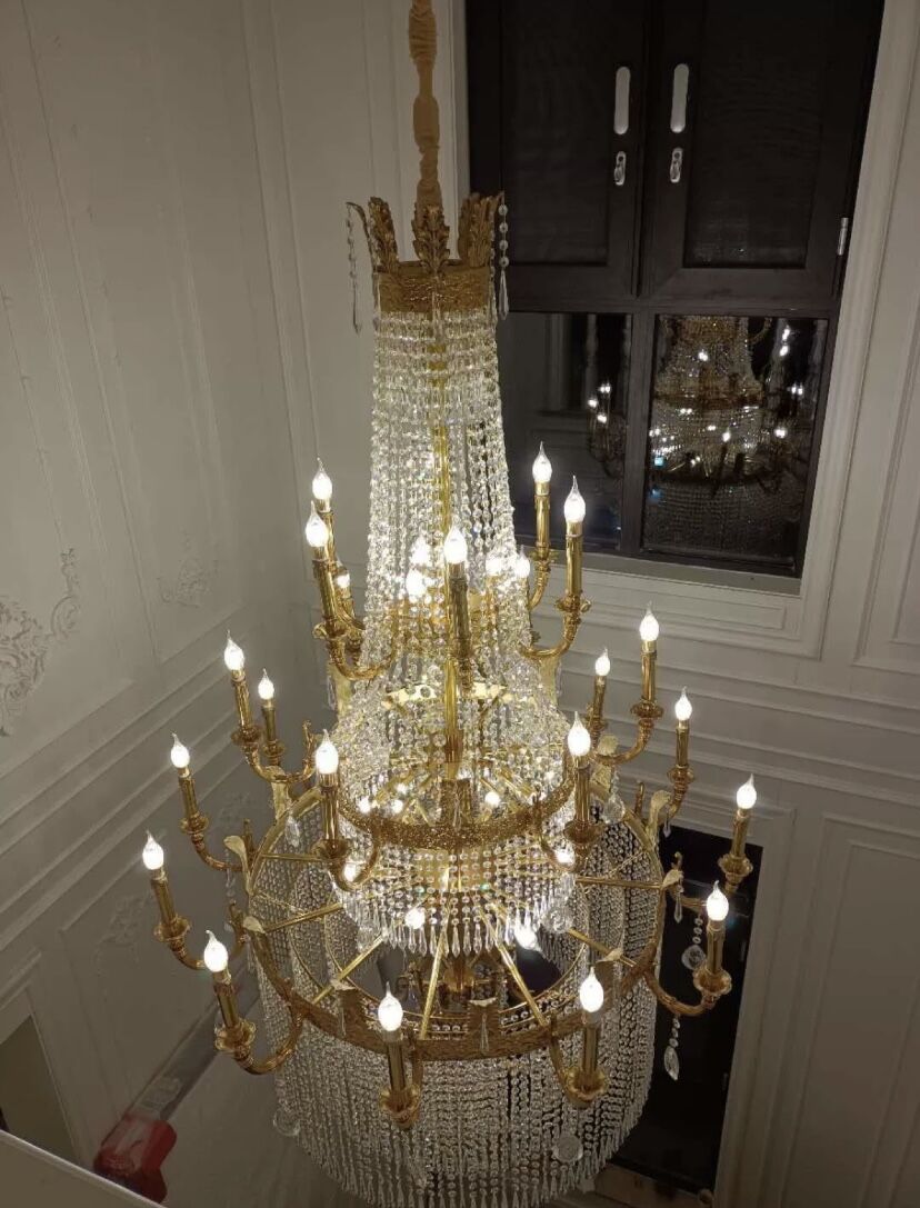 Large Oversized Luxury Golden Metal Brass Candle Crystal Tassel Chandelier For High-ceiling Staircase/Entryway/Hallway/Living/Meeting Room