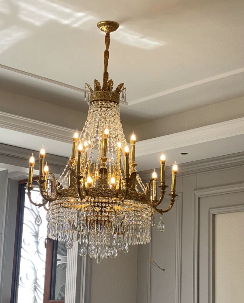 Large Oversized Luxury Golden Metal Brass Candle Crystal Tassel Chandelier For High-ceiling Staircase/Entryway/Hallway/Living/Meeting Room