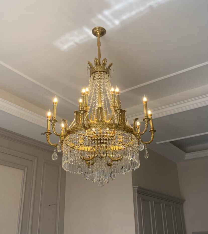 Large Oversized Luxury Golden Metal Brass Candle Crystal Tassel Chandelier For High-ceiling Staircase/Entryway/Hallway/Living/Meeting Room