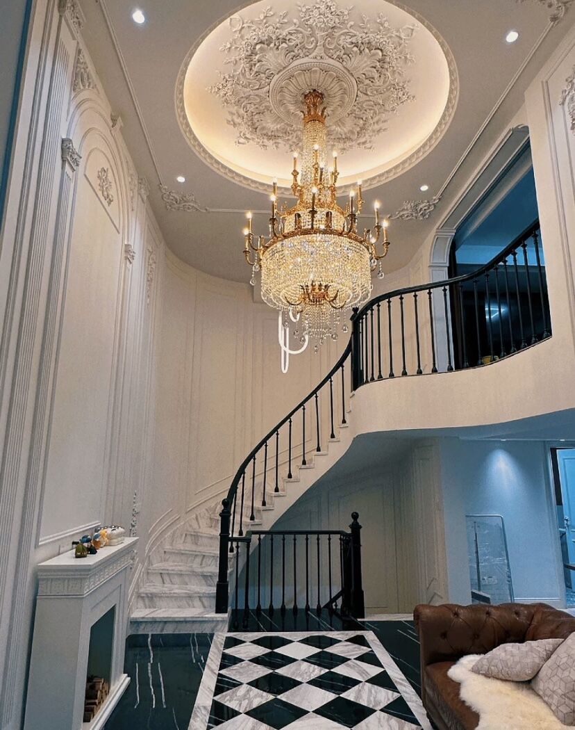 Large Oversized Luxury Golden Metal Brass Candle Crystal Tassel Chandelier For High-ceiling Staircase/Entryway/Hallway/Living/Meeting Room