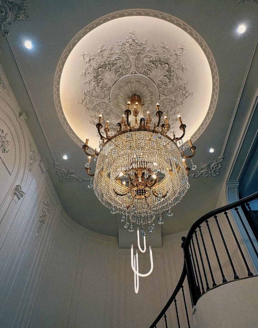 Large Oversized Luxury Golden Metal Brass Candle Crystal Tassel Chandelier For High-ceiling Staircase/Entryway/Hallway/Living/Meeting Room
