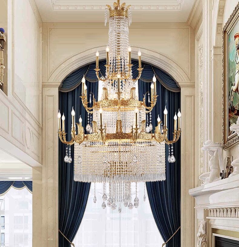 Large Oversized Luxury Golden Metal Brass Candle Crystal Tassel Chandelier For High-ceiling Staircase/Entryway/Hallway/Living/Meeting Room