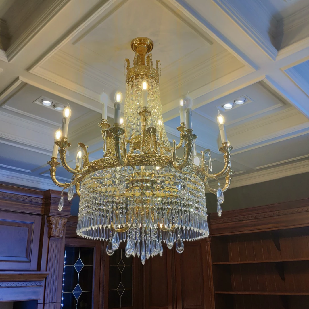 Large Oversized Luxury Golden Metal Brass Candle Crystal Tassel Chandelier For High-ceiling Staircase/Entryway/Hallway/Living/Meeting Room
