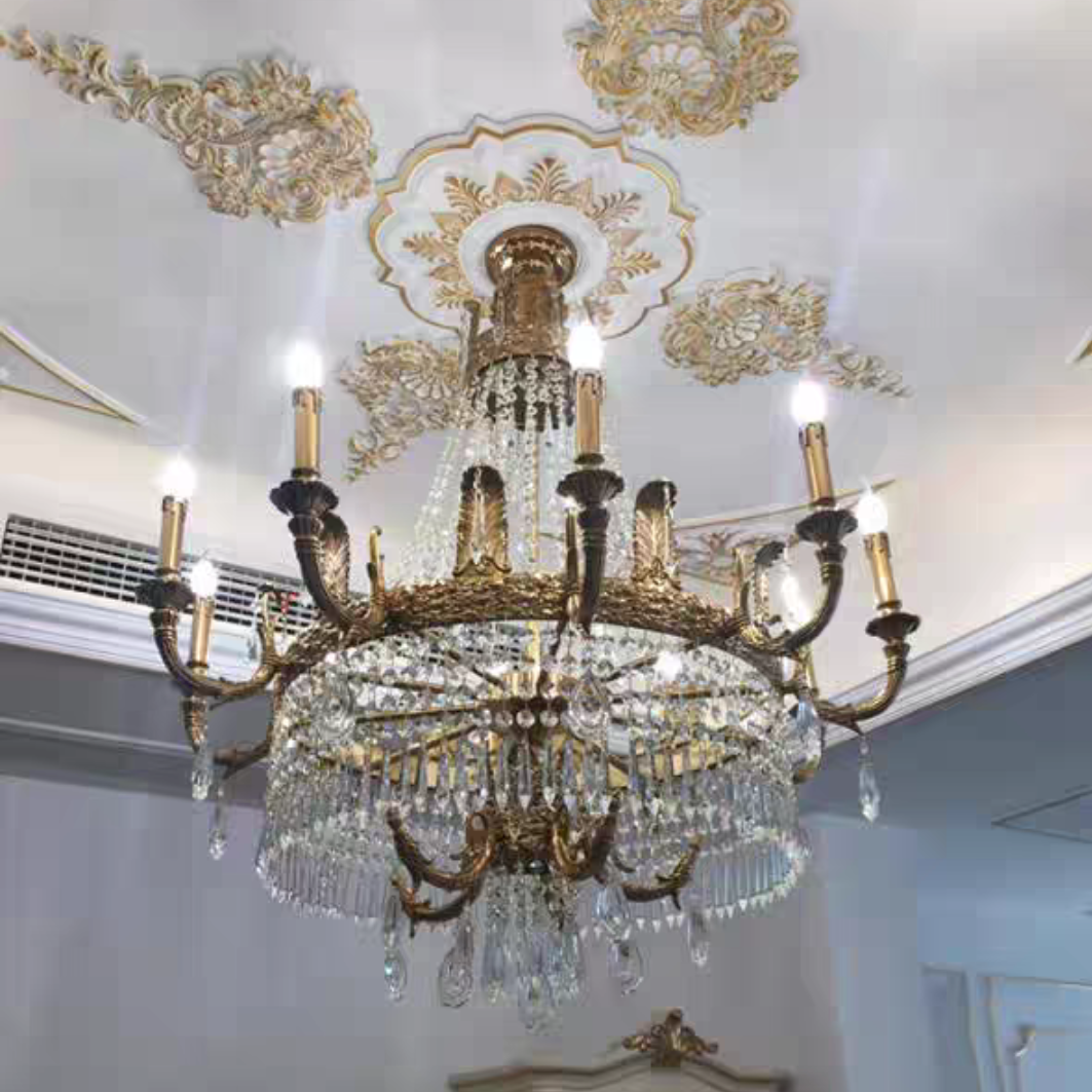Large Oversized Luxury Golden Metal Brass Candle Crystal Tassel Chandelier For High-ceiling Staircase/Entryway/Hallway/Living/Meeting Room