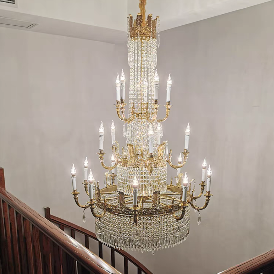 Large Oversized Luxury Golden Metal Brass Candle Crystal Tassel Chandelier For High-ceiling Staircase/Entryway/Hallway/Living/Meeting Room