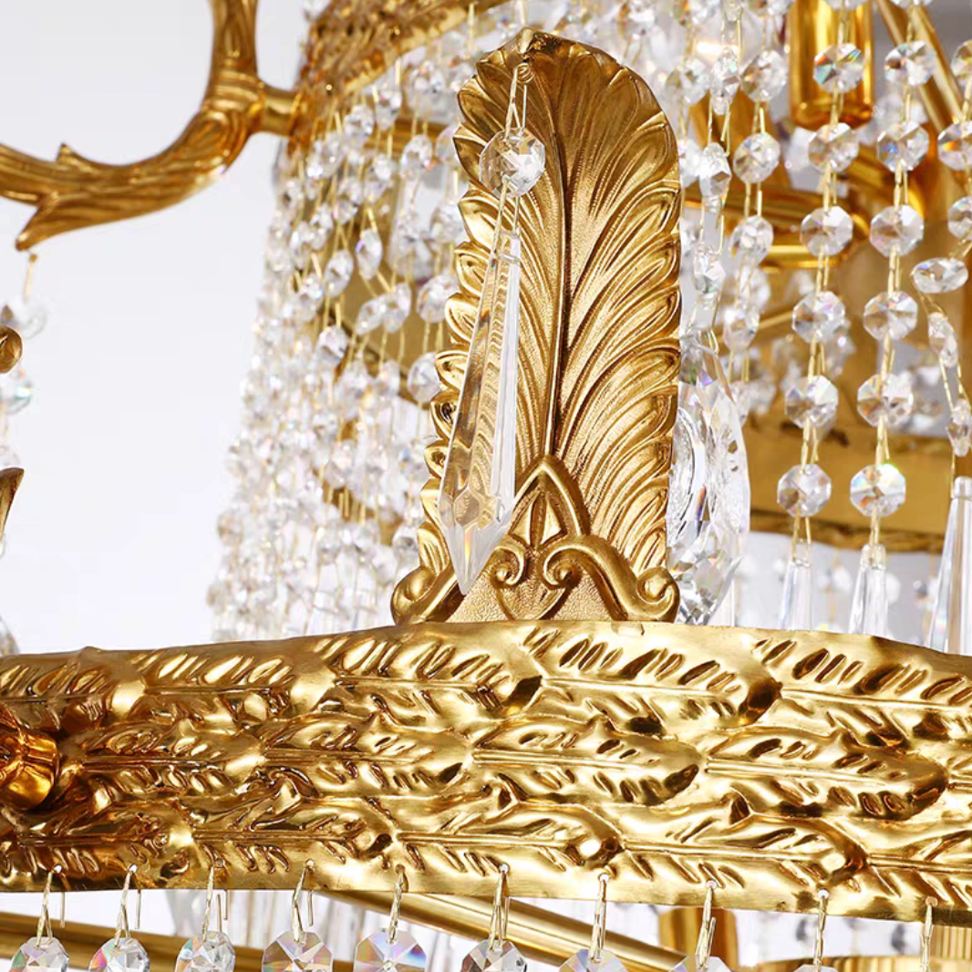 Large Oversized Luxury Golden Metal Brass Candle Crystal Tassel Chandelier For High-ceiling Staircase/Entryway/Hallway/Living/Meeting Room