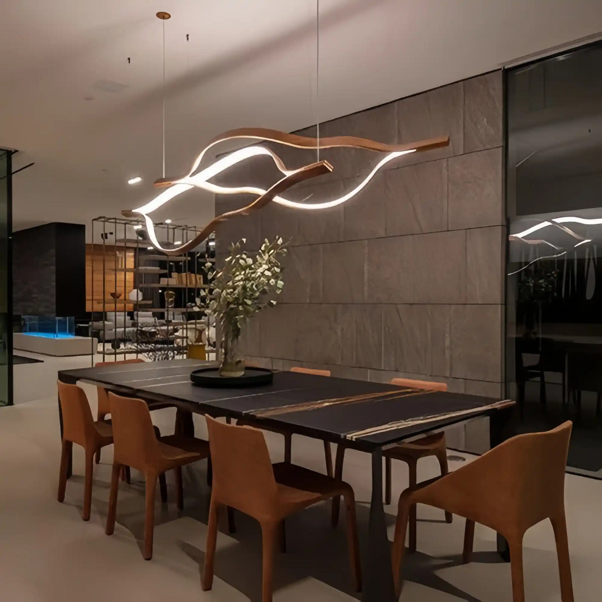 Modern Simple Brass Waving Chandelier for Living/Dining Room/Kitchen Island