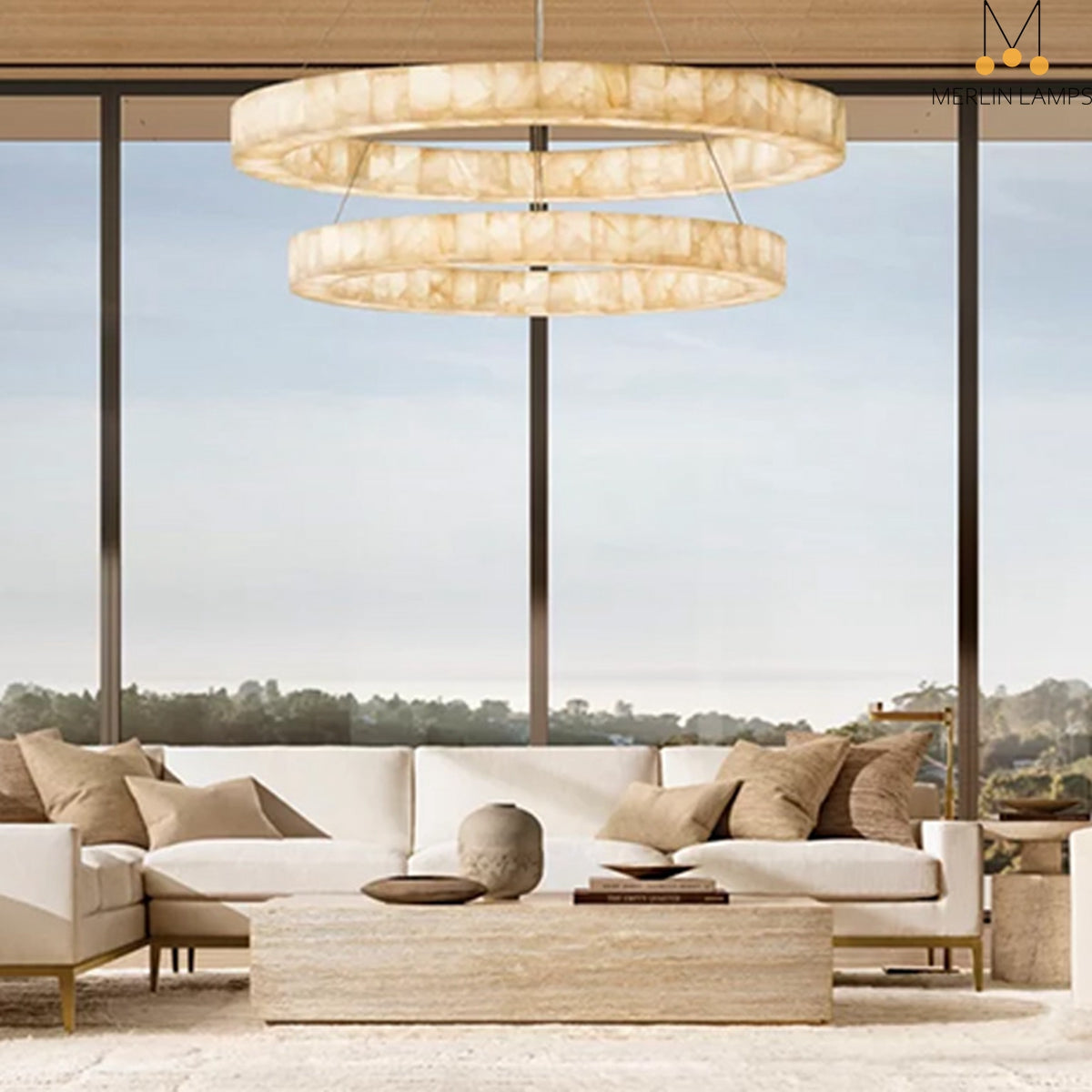 Maurice 2-Tier Round Calcite Halo Chandelier 60" Modern Alabaster Chandelier