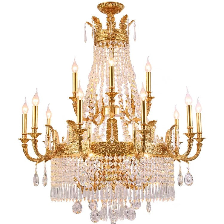 Large Oversized Luxury Golden Metal Brass Candle Crystal Tassel Chandelier For High-ceiling Staircase/Entryway/Hallway/Living/Meeting Room