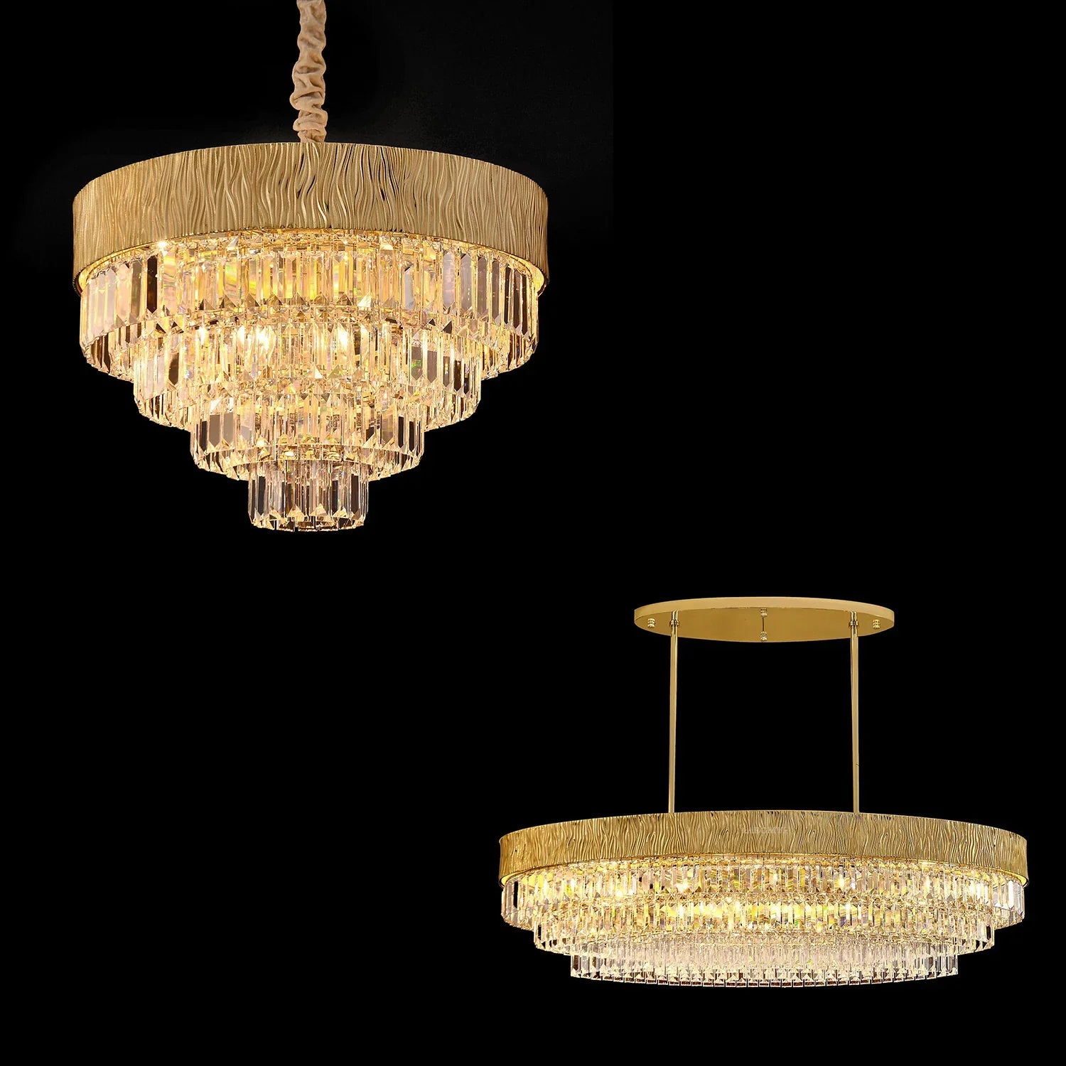 gold chandelier,oval round ,crystal, shining, tiered,delicate, living room, bedroom, dining room,light luxury ,golden, modern, new,set, ceiling