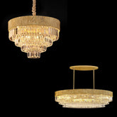 gold chandelier,oval round ,crystal, shining, tiered,delicate, living room, bedroom, dining room,light luxury ,golden, modern, new,set, ceiling