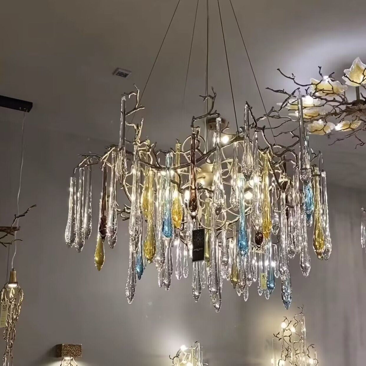 Elegant Blue Colored Glaze Drops Chandelier Brass Branch Style Pendant Light For Living/ Dining Room