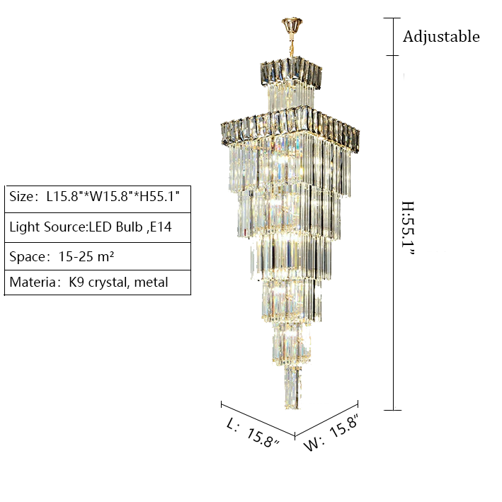 Decorative Large Vertical Crystal Staircase Chandelier Foyer Ceiling Light Fixture Lamp In Gray/ Amber Brim-Chandeliers-Merlin Lamps-L15.8"*W15.8"*H55.1"-Smoky Gray-Warm Light-merlinlamps