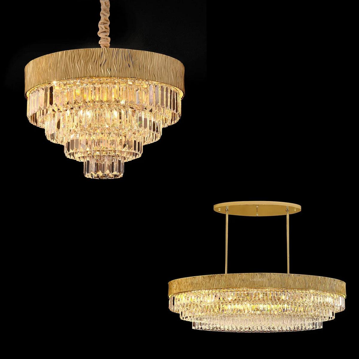 gold chandelier,oval round ,crystal, shining, tiered,delicate, living room, bedroom, dining room,light luxury ,golden, modern, new,set, ceiling