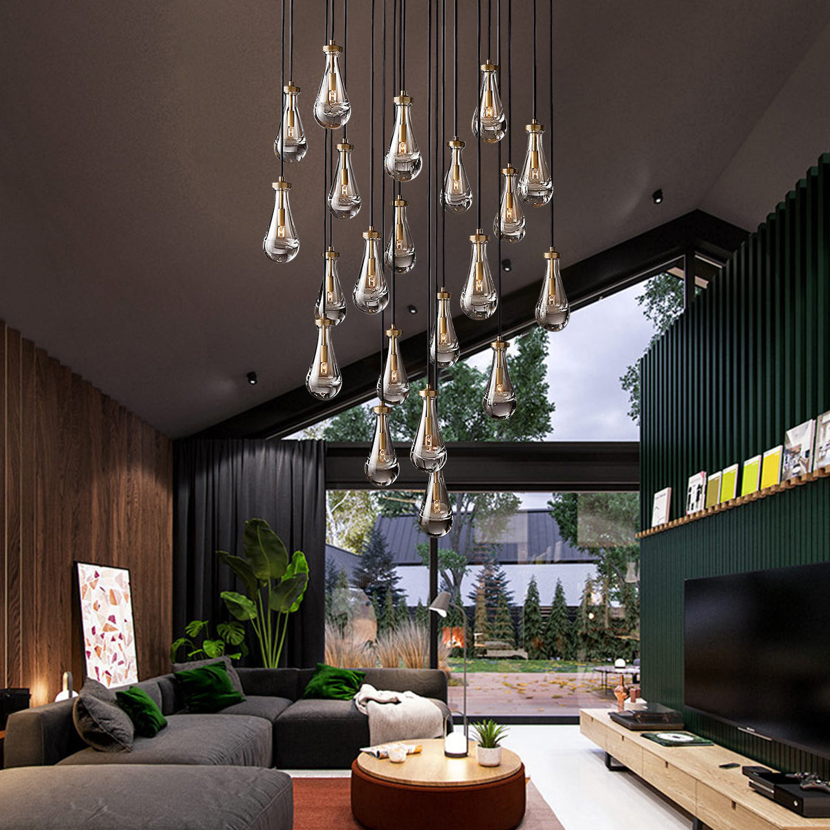 Raindrop lighting collection featuring round chandelier, linear chandelier, wall sconce and pendant designs
