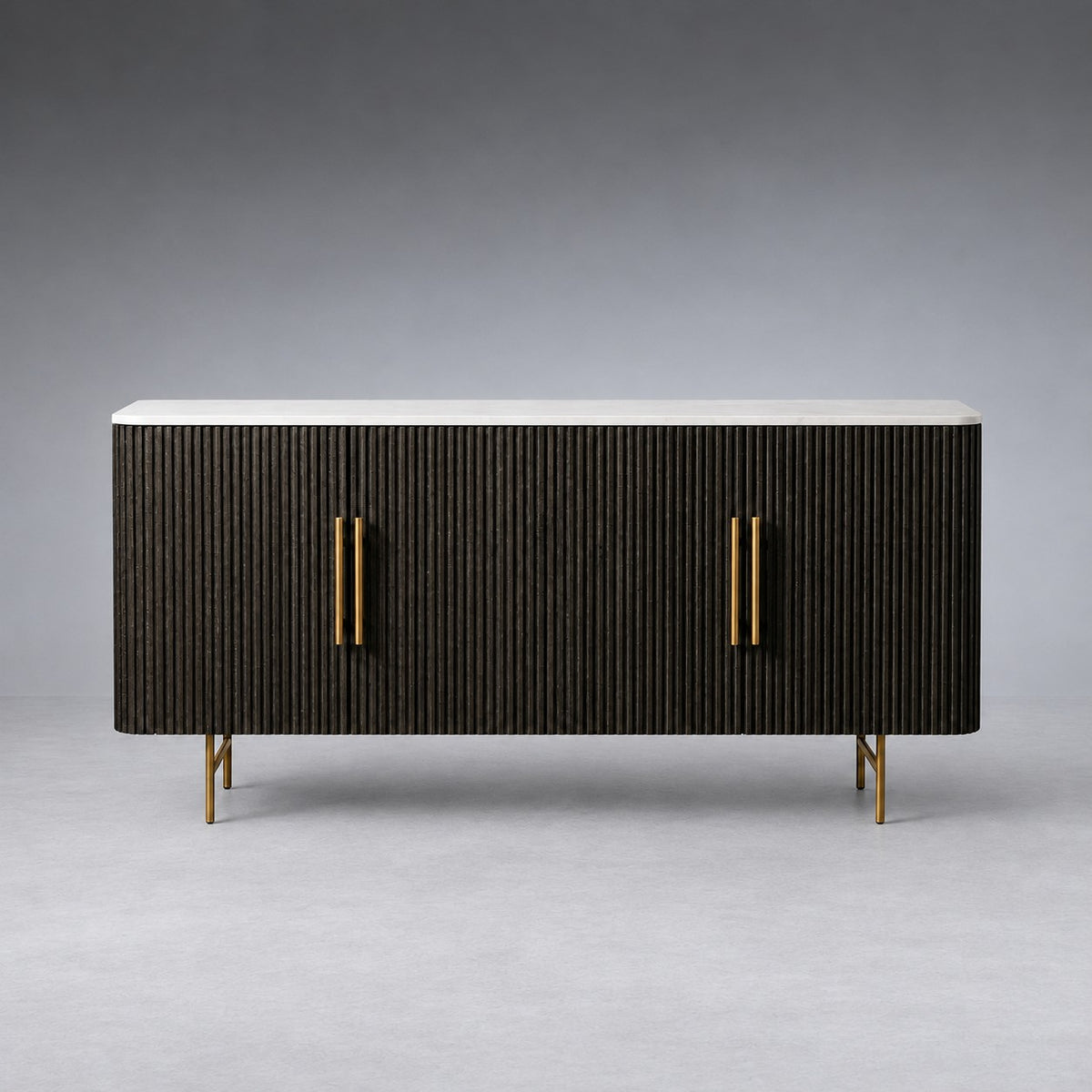 Reeded Wood Credenza With Marble Or Bluestone Top