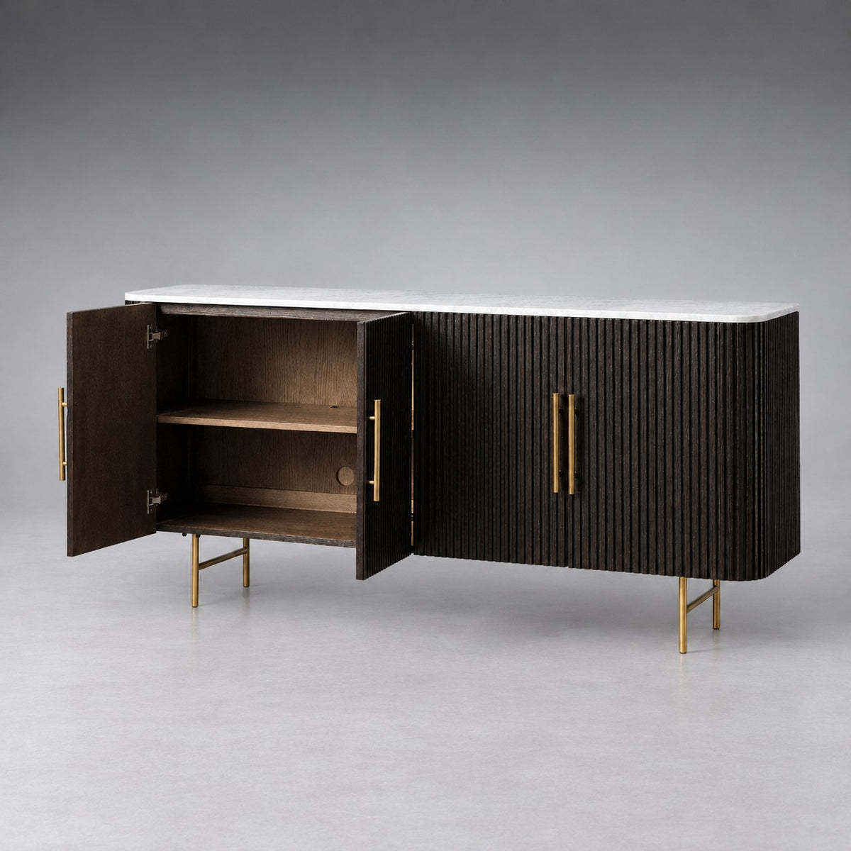 Reeded Wood Credenza With Marble Or Bluestone Top