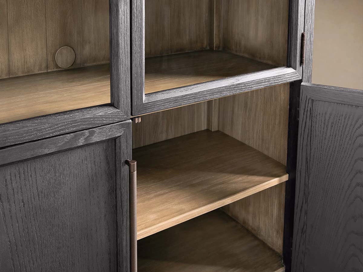Tall Oak Display Cabinet with Glass Doors