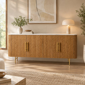 Reeded Wood Credenza With Marble Or Bluestone Top