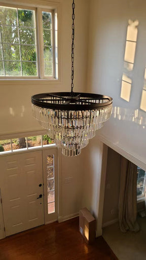 Black/ Gold Finish Iron Cake Tiered Shape Crystal Chandelier Round Living Room Ceiling Light Fixture