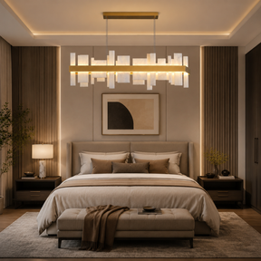 Linear Alabaster and Gold Stainless Steel Dining Chandelier