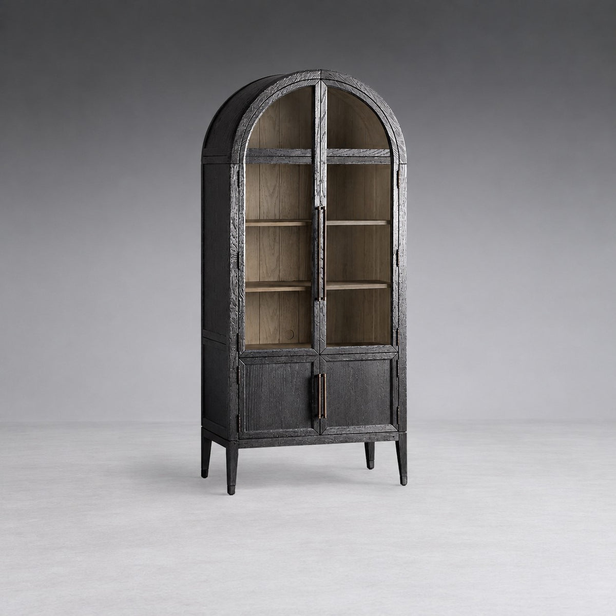 Tall Oak Display Cabinet with Glass Doors