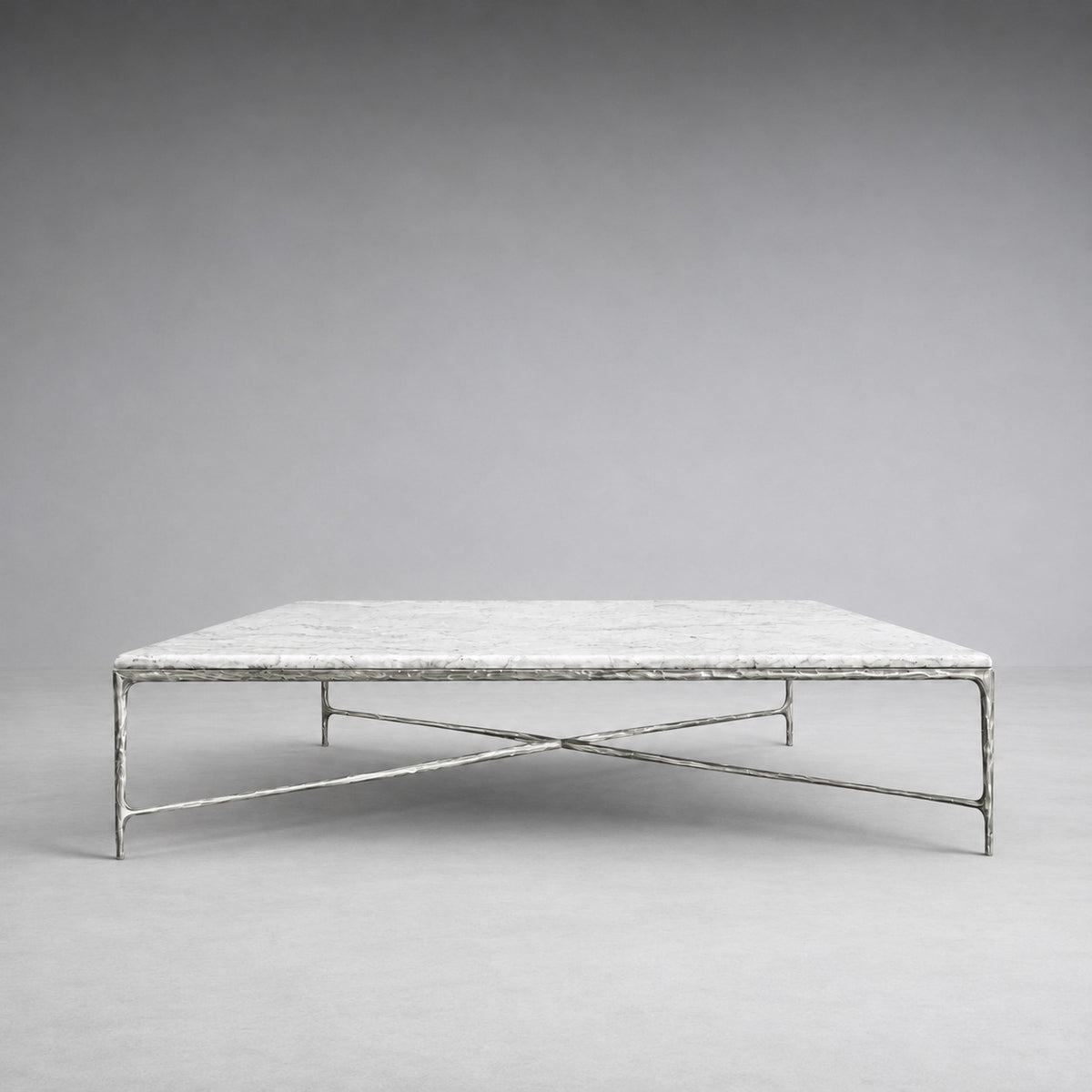 Square Hammered Metal and Marble Coffee Table