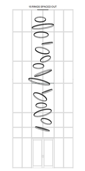 Layout drawing of a 15-ring entryway chandelier spaced through a double-height foyer, illustrating customizable suspension positions and scale.