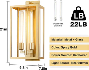 21" Gold Outdoor Wall Sconce with Glass Shade, Waterproof