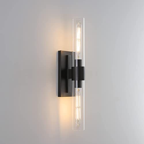 Modern Matte Black Wall sconces Fixture, Bathroom Light with Clear Glass Shade, Indoor Vanity Light for Mirror, Living Room, Bedroom, Hallway, Fireplace, Staircase