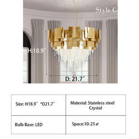 Post-modern Light Luxury Oval/Round Tiered Tassel Crystal Chandelier in Gold Finish for Living/Dining Room,dimension,detail