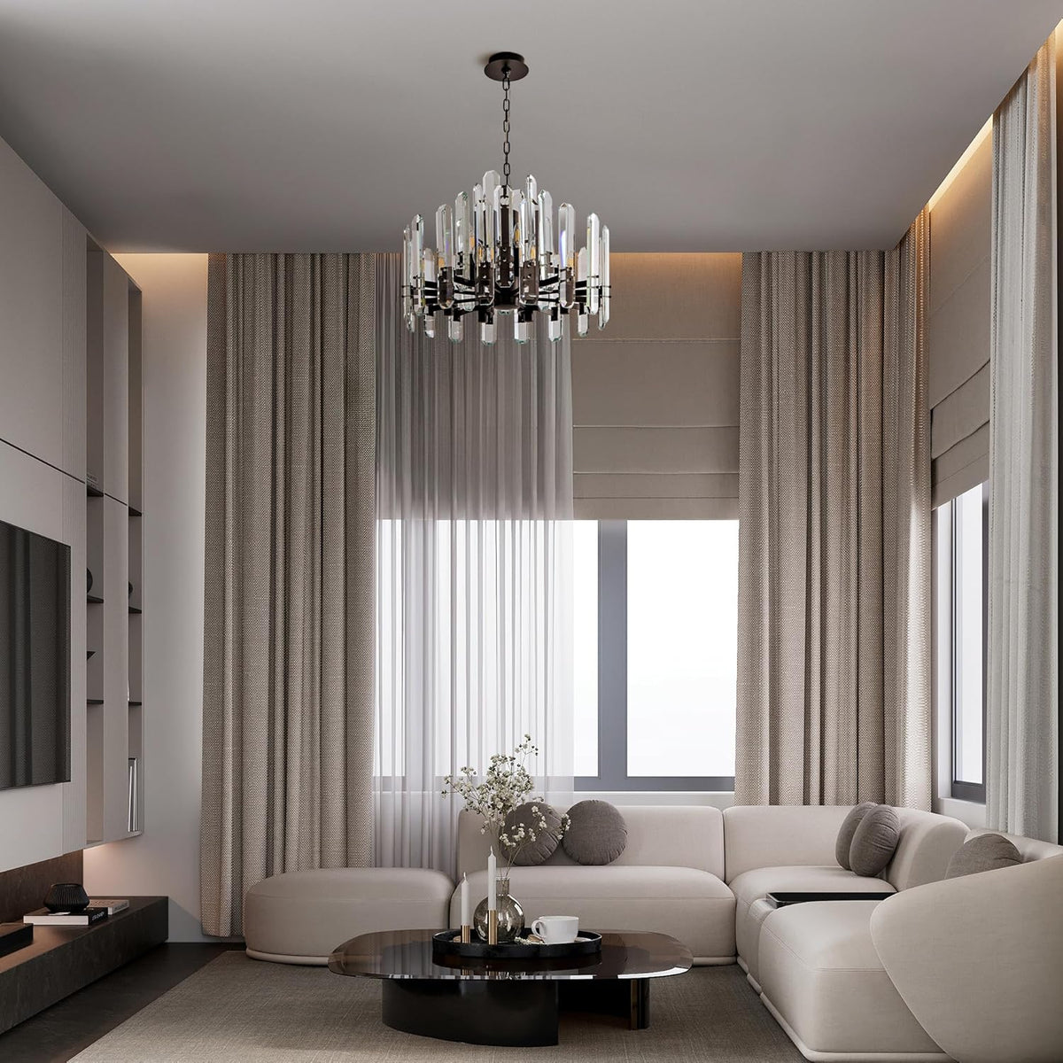 24" Black Modern Crystal Chandelier with Adjustable Height