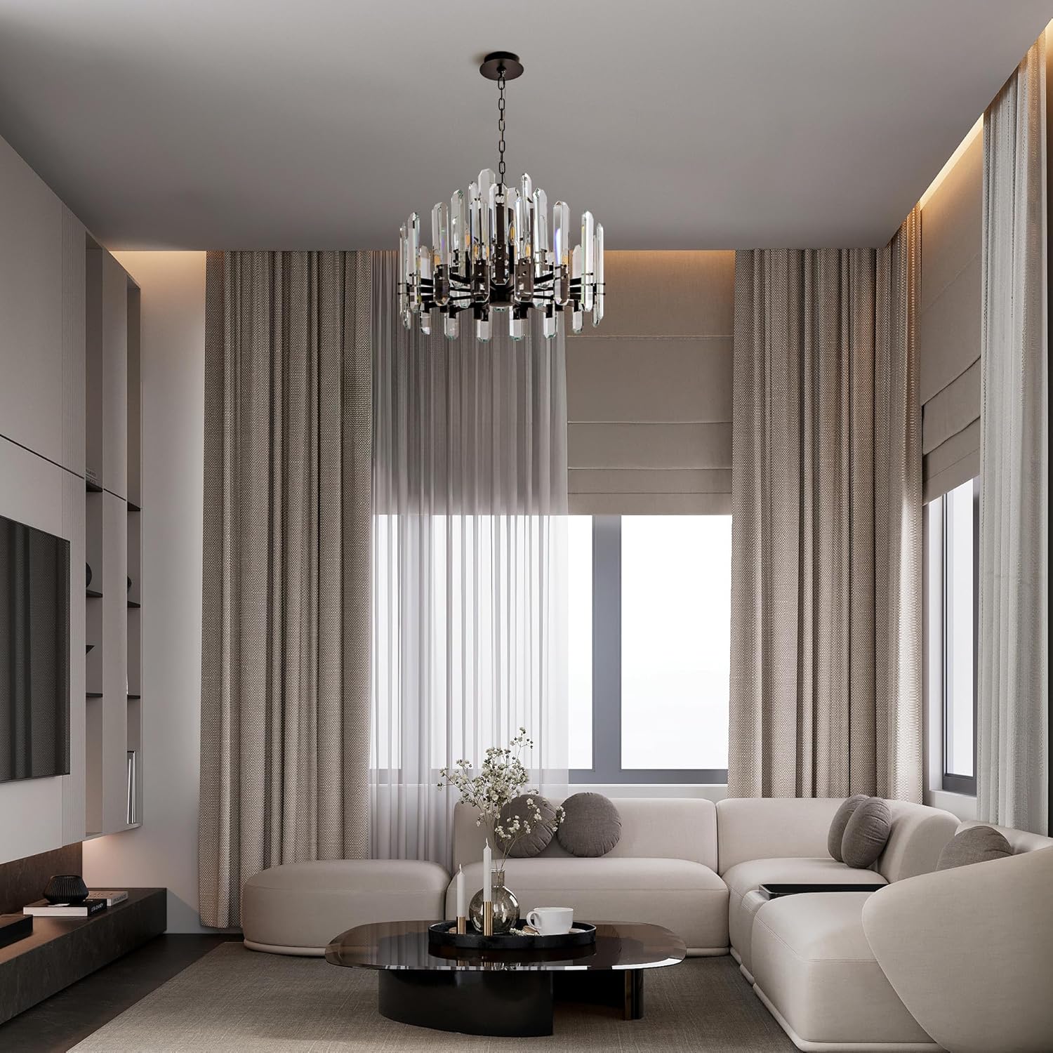 24" Black Modern Crystal Chandelier with Adjustable Height