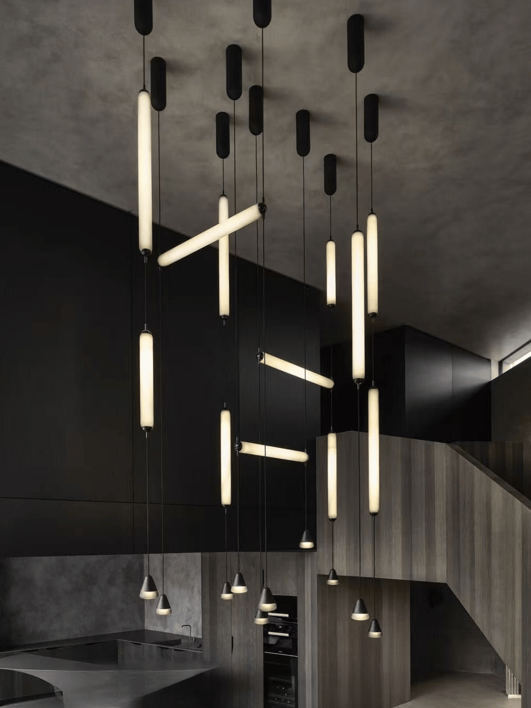 Modern Sculptural Staggered Multi‑Orientation Tubular Atrium Pendant Light
