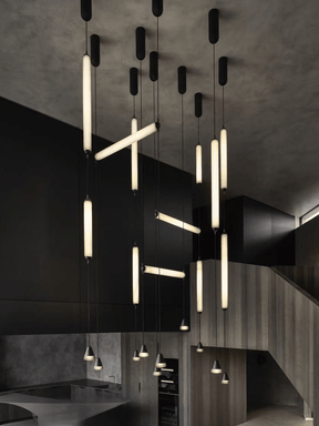 Modern Sculptural Staggered Multi‑Orientation Tubular Atrium Pendant Light