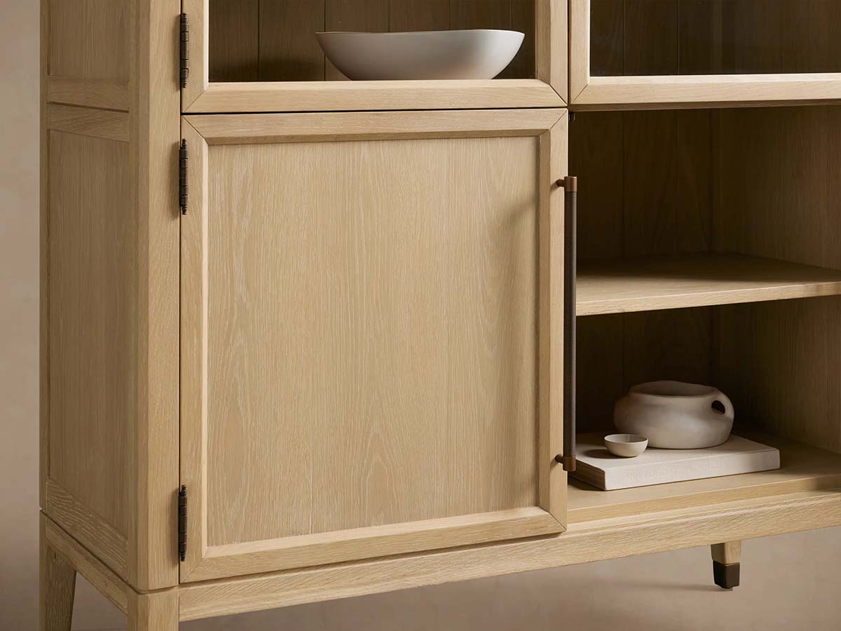 Tall Oak Display Cabinet with Glass Doors